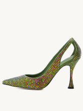 Green Rhinestone Cut-Out Pointed Toe Flared Heel Pumps For Women